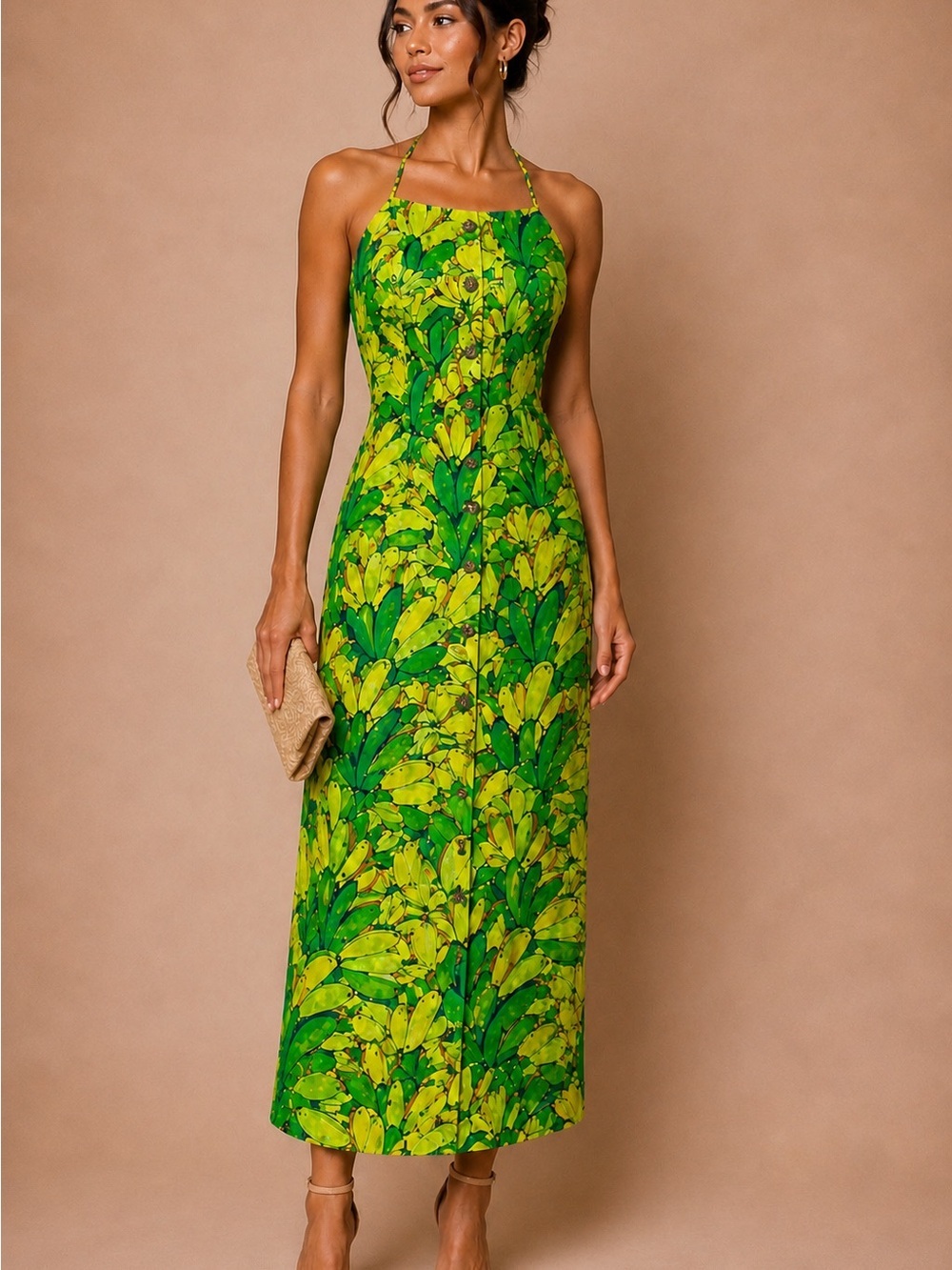 FARM Rio Green Tropical Backless Halter Dress